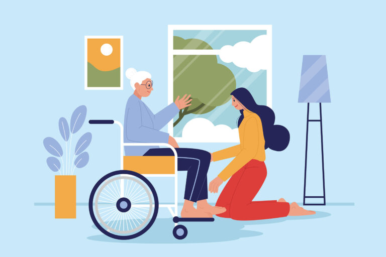 Cartoon of older person in wheelchair and caregiver