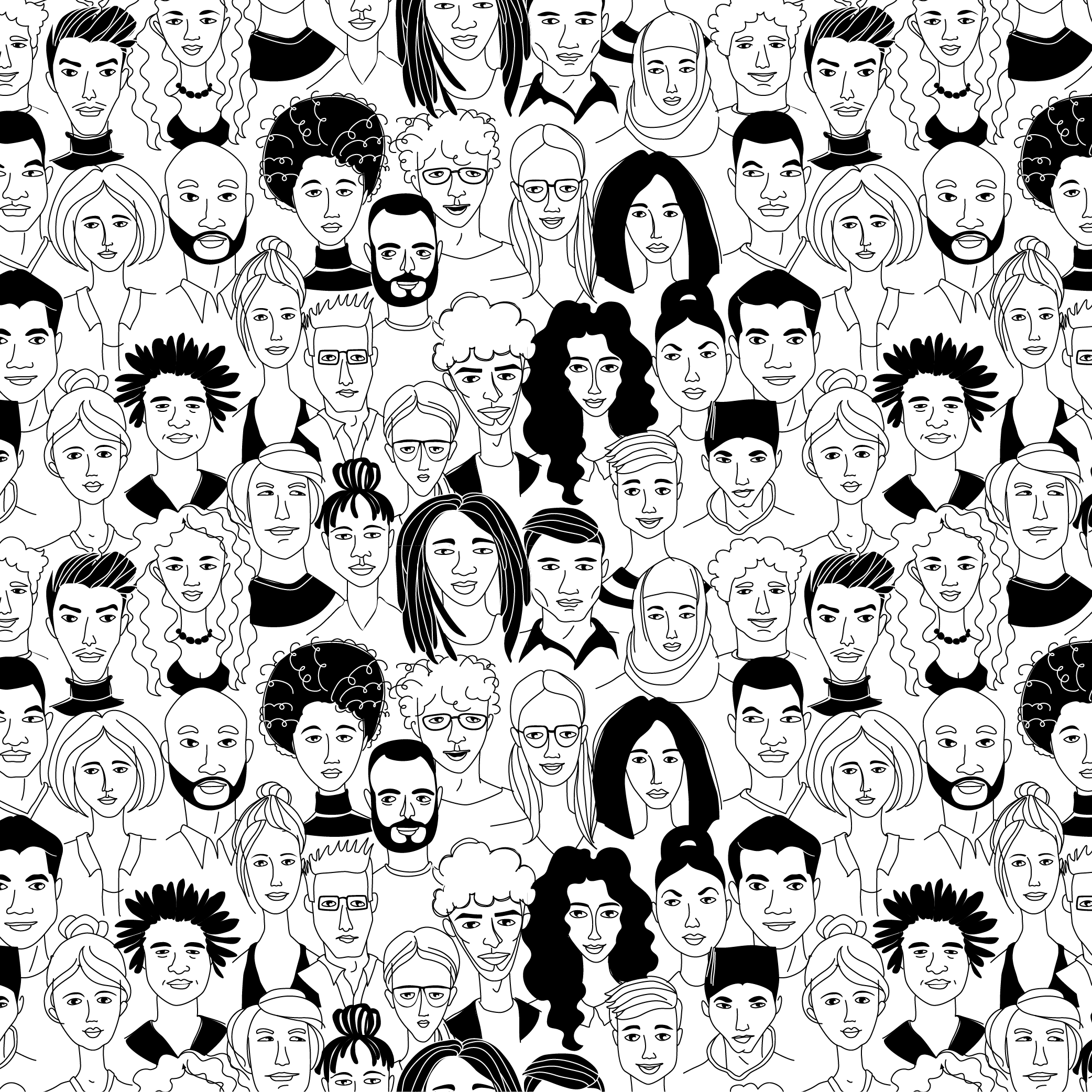 black and white illustration of faces of all kinds of people