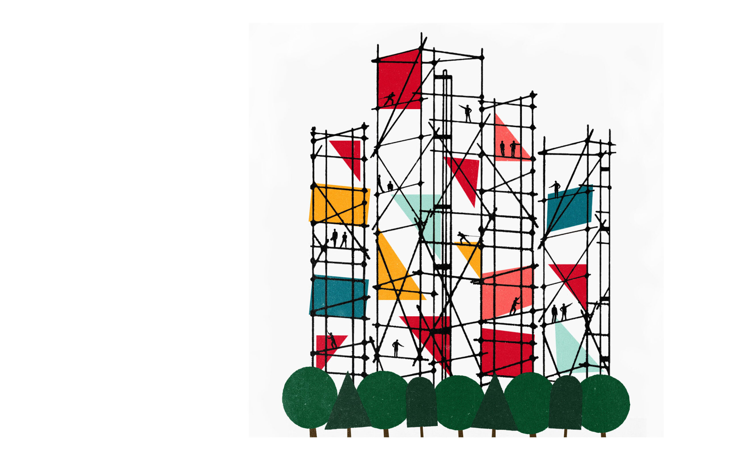 colorful illustration of a building's scaffolding drawn with black lines. colorful flags are randomly placed on the structure, alongside small figures of people (workers/builders). A line of green trees is at the bottom of the scaffolding.