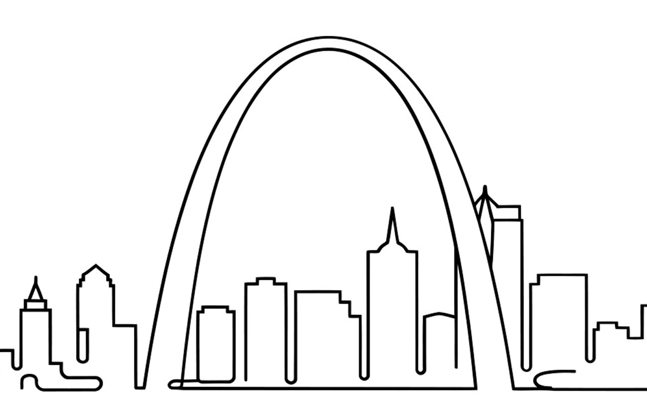black and white drawing of St. Louis Arch and skyline