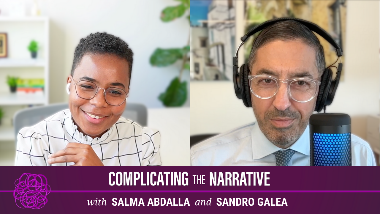 Side-by-side headshots of a woman and a man doing a podcast together.