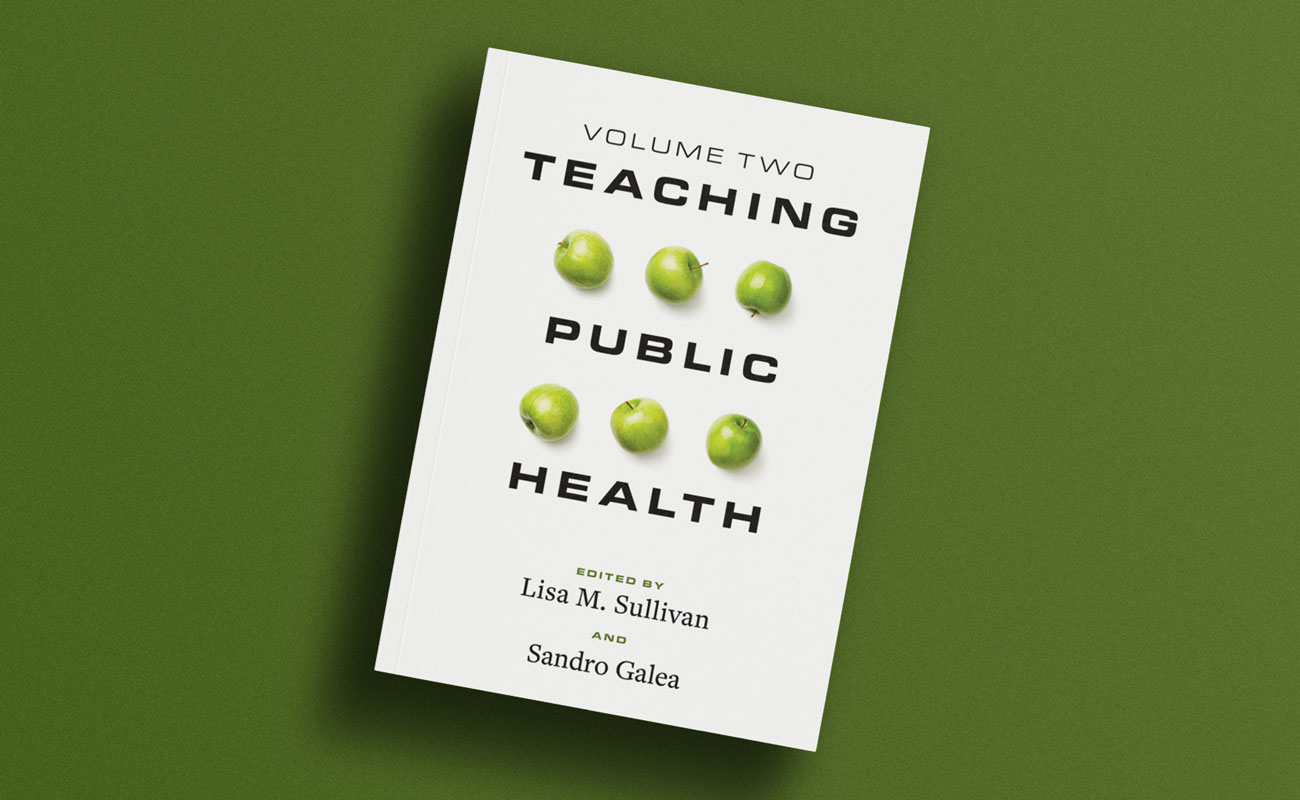 The book -- Teaching Public Health, Volume 2 -- against a green background. Book is white with black lettering and three rows of green apples. The first volume had three rows of red apples.