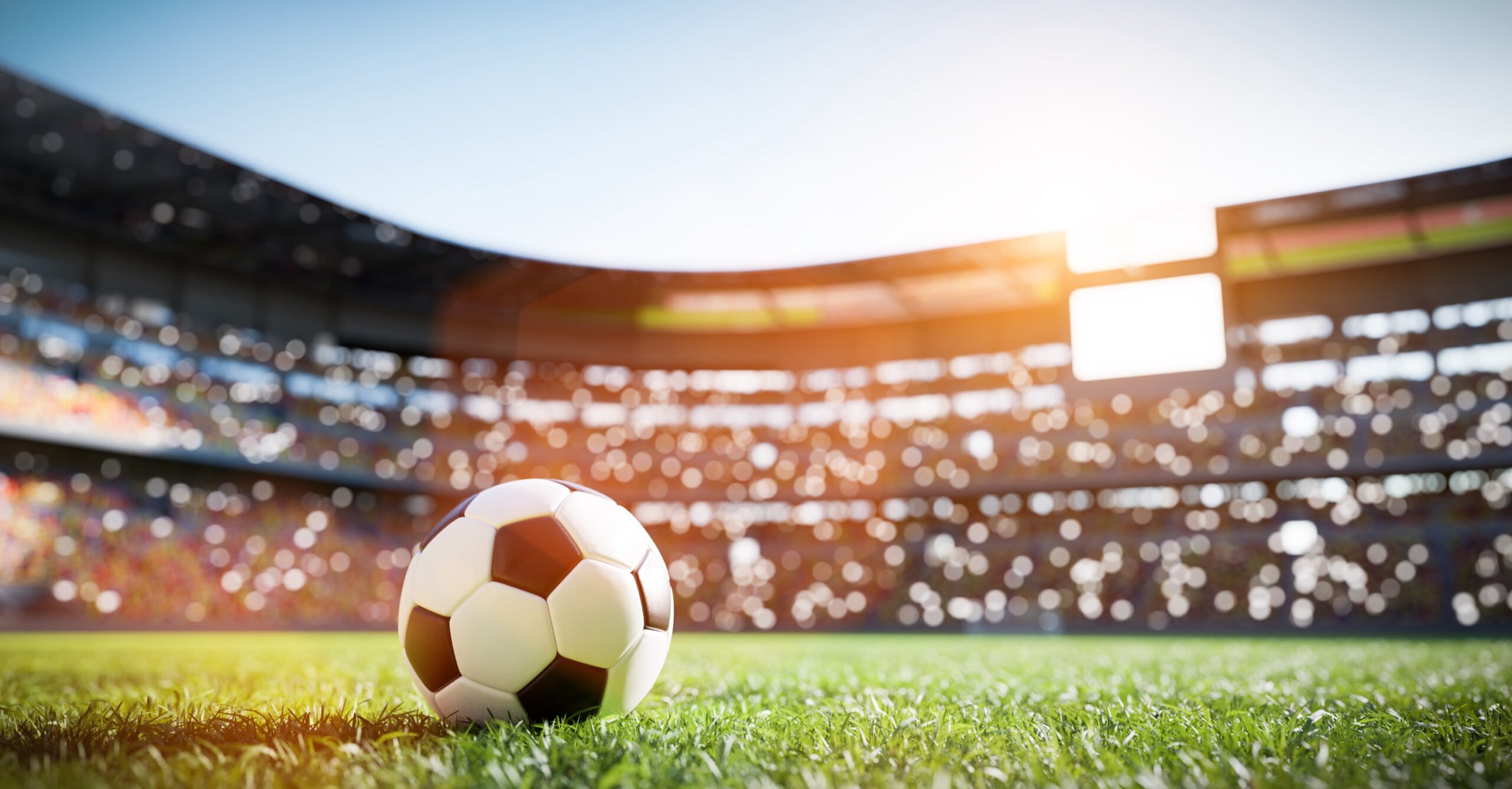 soccer ball sitting on a pitch in a large stadium